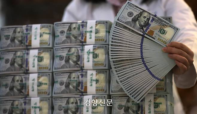 달러 강세가 이어지는 가운데 지난달 18일 서울 중구 하나은행 위변조대응센터에서 한 직원이 달러화를 정리하고 있다. 김창길기자