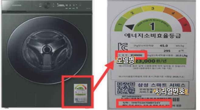 삼성 드럼세탁기 앞면에 붙은 ‘에너지 소비효율 등급’ 스티커. 모델명과 시리얼 번호를 확인한 뒤 삼성전자서비스 홈페이지에서 시리얼 번호를 입력하면 무상 수리 대상 여부를 확인할 수 있다. 한국소비자원 제공