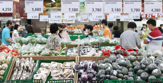 Customers shop for groceries at the Yangjae branch of Hanaro Mart in Seocho District, southern Seoul, Monday. Concerns are rising over vegetable prices, as the recent heavy rain may push up the already high prices. [YONHAP]