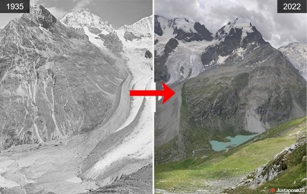 1935년과 2022년 스위스 그라우뷘덴주의 말로야구 자메단 마을 알프 오타에서 바라본 피즈 로제그와 치에르바 빙하.
