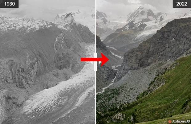 1930년과 2022년 스위스 슈바르츠제 호수에서 바라본 고르너 빙하와 몬테로사 지역.