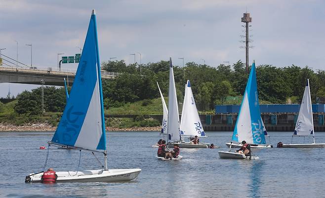 경기요트학교에서 당기 요트 초급반 교육생들이 레이저 피코를 배우고 있다. [사진/진성철 기자]