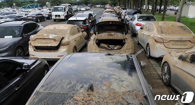 지난 14일 오후 경기 과천시 서울대공원 주차장에 마련된 보험사 침수차량 집결 장소에 서울 등 수도권에서 침수 피해를 입은 차량이 모여있다. 2022.8.14/뉴스1 ⓒ News1 구윤성 기자