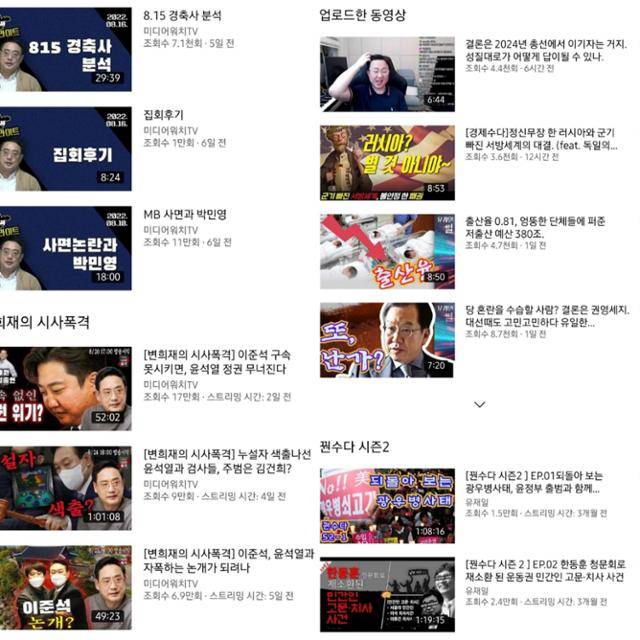 지난해 슈퍼챗 수익 상위권을 기록한 정치 유튜브 채널 영상 목록 갈무리. 유튜브 화면 캡처
