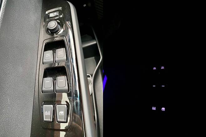 창문과 사이드미러를 조절할 수 있는 버튼. 주간에는 잘 보이나 야간(오른쪽)에는 모든 버튼의 위치를 확인할 순 없었다. 출처=IT동아