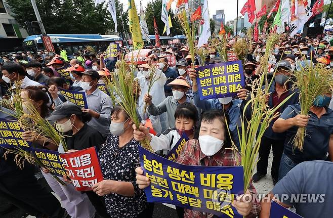 거리로 나온 농민들 (서울=연합뉴스) 류영석 기자 = 29일 오후 서울역 앞 한강대로에서 열린 농민 총궐기 대회에서 참가자들이 농가 경영 불안 해소 대책 마련을 촉구하며 구호를 외치고 있다. 2022.8.29 ondol@yna.co.kr