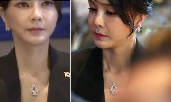 6200만 원대로 추정되는 반 클리프  앤 아펠 목걸이를 한 윤석열 대통령 부인 김건희 여사 (사진=김의겸 더불어민주당 의원 페이스북)