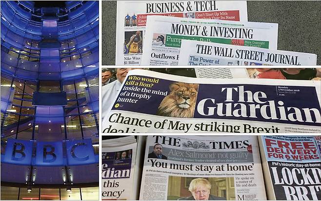 미국과 영국 등 서구 미디어에서 디지털 뉴스 유료 구독제가 자리를 잡아가고 있다. 사진은 영어뉴스 웹사이트 방문 횟수 1위를 달리는 BBC(왼쪽부터 시계방향), 1996년 미디어 역사상 처음으로 페이월을 도입한 월스트리트 저널, 무료 온라인 뉴스를 포기하지 않는 가디언, 영국에서 처음으로 디지털 뉴스 유료 구독제를 시행한 더 타임스.