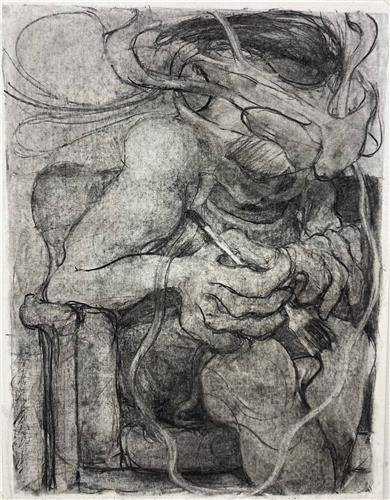 아드리안 게니 'Self-Portrait with Paintbrush', 2022, Charcoal on paper, 65x50cm, ⓒ Adrian Ghenie [페이스갤러리 서울 제공. 재판매 및 DB 금지]