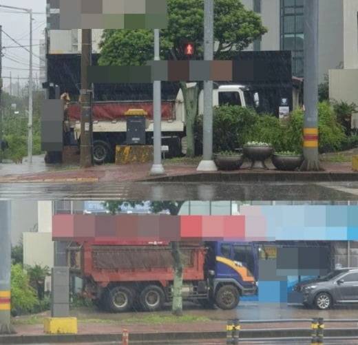 제 11호 태풍 '힌남노'가 북상하는 가운데, 제주도에서 덤프트럭을 활용해 힌남노를 대비하는 모습이 포착됐다. / 사진=온라인 커뮤니티