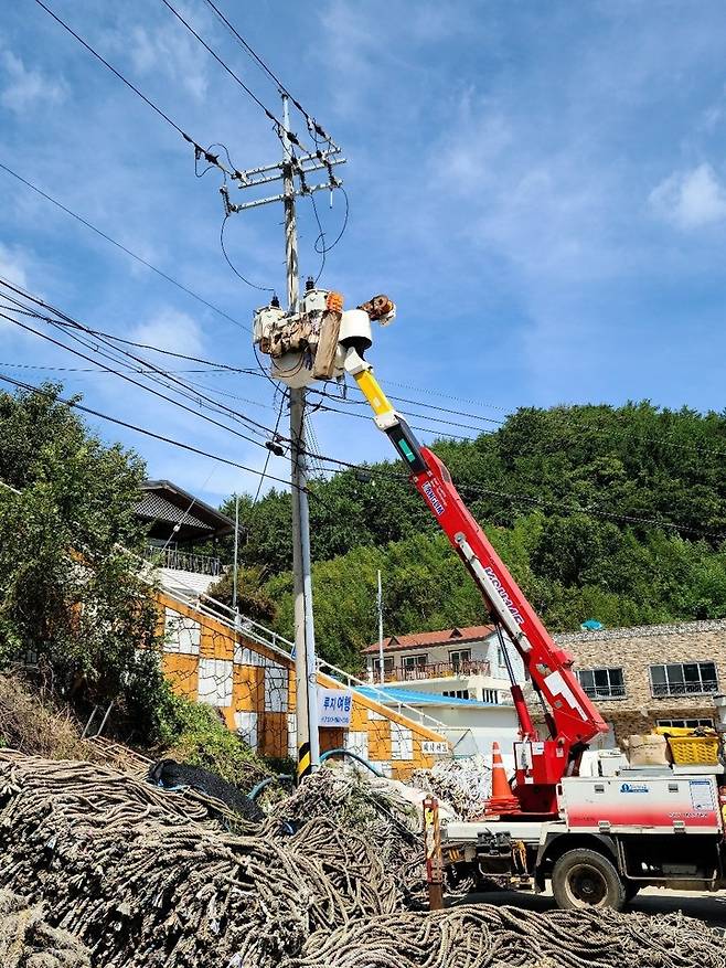 [세종=뉴시스] 한국전력은 제11호 태풍 '힌남노'의 영향으로 6일 오후 3시 기준 전국에 199건의 정전이 발생하고, 현재 90% 가까이 복구됐다고 밝혔다. 사진은 전력설비 복구 현장. (사진=한국전력 제공) *재판매 및 DB 금지