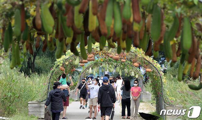 서울 마포구의 한 공원에서 산책을 즐기는 시민들. 2021.9.5/뉴스1 ⓒ News1 김명섭 기자