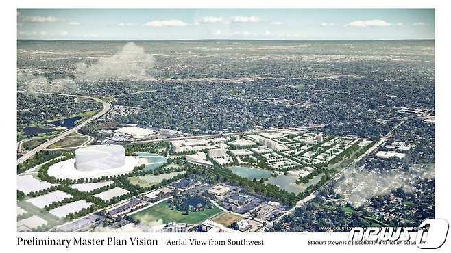 시카고 베어스가 8일(현지시각) 첫 주민회의를 열고 알링턴 하이츠 경마장 부지 새 경기장과 일대 개발 계획을 공개했다. 사진은 지난 6일 시카고 베어스가 공개한 알링턴 파크 경마장 일대 개발 초기 디자인(렌더링).