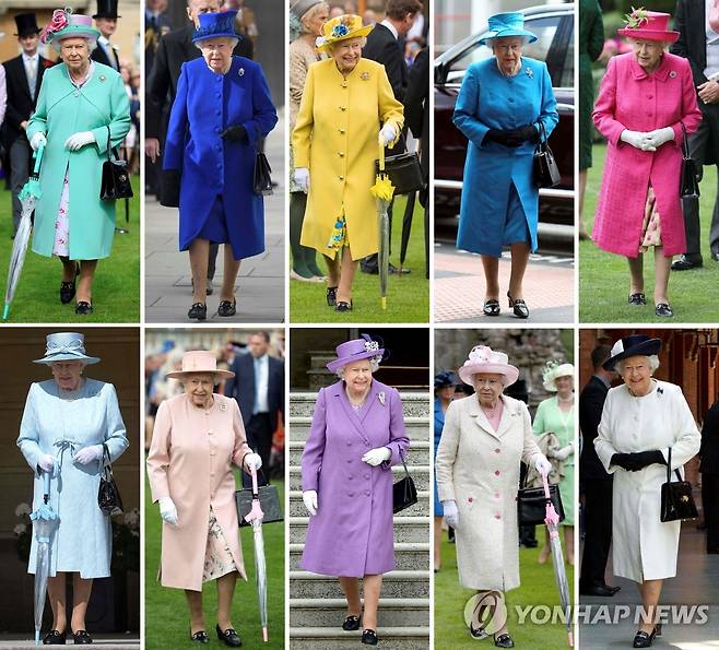 엘리자베스 2세 여왕이 2014∼2017년 착용한 의상 [AFP=연합뉴스 자료사진. 재판매 및 DB 금지]