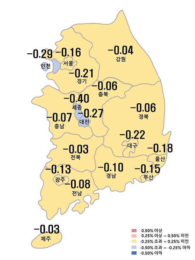 시도별 아파트 매매가격지수 변동률 (한국부동산원 제공)