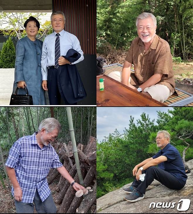 문재인 전 대통령은 "항상 갈옷만 입는 건 아니다"(오른쪽 위)라며 정장차림, 등산복 차림 등 다양한 종류의 옷을 입고 있는 모습을 자신의 SNS를 통해 소개했다. (문재인 SNS 갈무리) ⓒ 뉴스1