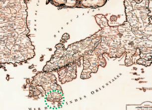 18세기 조선과 일본을 나타낸 지도. 녹색 부분이 석주명이 유학한 가고시마대학 소재지이다.