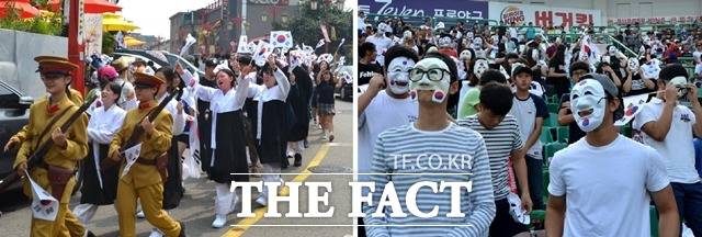 서민수 교수는 한해에 개인 돈 약 1000만 원씩 써가며 청바지 동아리를 운영해 왔다. 사진은 청바지 소속 학생들이 광복절을 기념하는 플래시몹(왼쪽)을 진행한 모습과 단체로 프로야구 경기 관람(오른쪽)을 하는 모습./청바지 제공