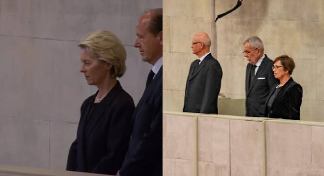 왼쪽 사진 여성이 우르술라 폰 데어 라이엔 EU 집행위원장. (영국 왕실 유튜브 채널 캡처), 오른쪽 사진 상단 가운데가  판 데어 벨렌 오스트리아 대통령(사진=영국 의회 트위터). 두 사람 모두 19일(현지시간) 웨스트민스터궁에 안치된 고인을 찾아 조문했다.