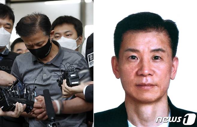 위치추적전자장치(전자발찌)를 끊고 여성 2명을 살해한 강윤성의 검찰 송치 모습(왼쪽)과 신상공개 시 공개된 증명사진(오른쪽)ⓒ 뉴스1