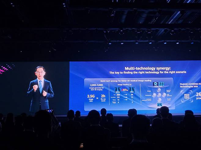 라이언 딩(Ryan Ding) 화웨이 엔터프라이즈 비즈니스 그룹 사장이 태국 방콕 퀸 시리킷 내셔널 컨벤션센터에서 열린 화웨이 커넥트 2022에서 기조연설을 하고 있다.