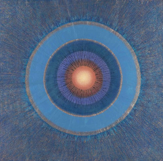 방혜자, 빛의 울림, 닥지에 천연채색, 120x121cm, 2019. [사진 영은미술관]