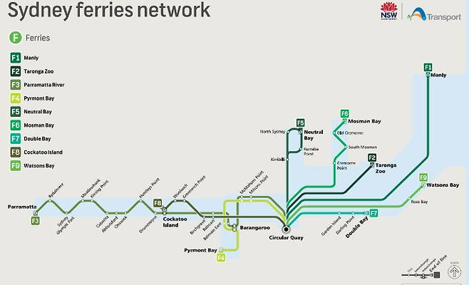시드니 여객선 노선도. 9개 노선 40여개의 역이 있다. 시드니시 제공