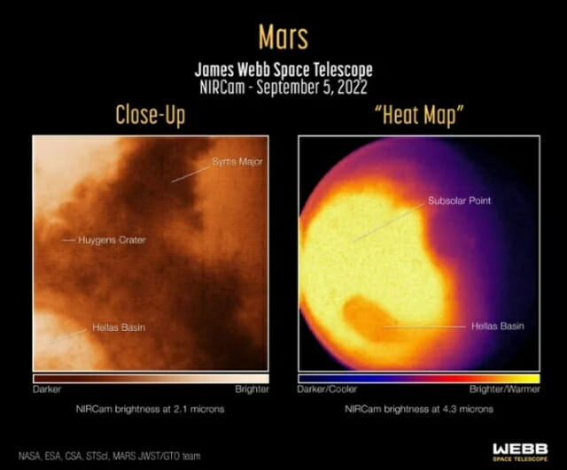 제임스 웹 우주망원경이 적외선 카메라로 화성의 모습을 관측했다. (사진=NASA, ESA, CSA, STScI, Mars JWST/GTO)