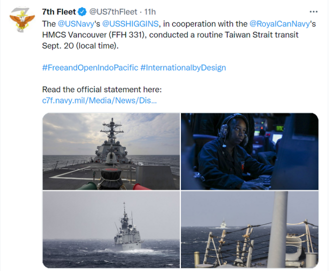 미국 7함대 사령부는 20일(현지시간)  트위터를 통해 미 군함이 캐나다 군함과 협력해 대만해협을 통과했다고 밝혔다. 트위터 캡쳐