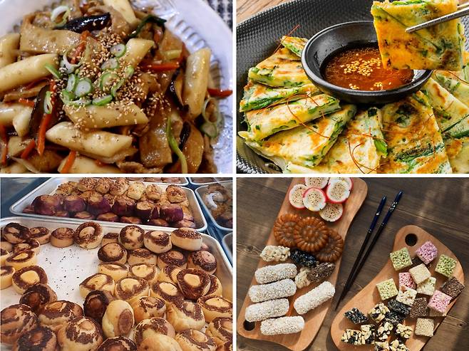 A compilation of photos shows (clockwise from top left) tteokbokki, jeon, traditional Korean desserts and chestnut snack which are sold at this year's Namsan K-Food Festa (Namsan K-Food Festa)