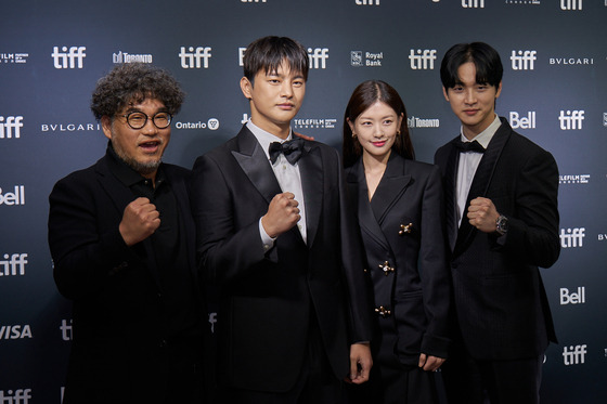 From left, director Kim Hong-sun and actors Seo In-guk, Jeong So-min and Jang Dong-yoon during the Toronto International Film Festival in September. [CONTENTS ON]