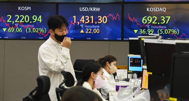 26일 서울 중구 하나은행 딜링룸에서 딜러들이 심각한 표정으로 업무를 보고 있다. 이날 원·달러 환율은 전날 대비 22원 오른 1431원 30전에 거래를 마쳤다. 코스피지수는 69.06포인트(3.02%) 하락한 2220.94에, 코스닥지수는 36.99포인트(5.07%) 내린 692.37에 각각 장을 마감했다. 특히 코스닥지수는 2년 3개월 만에 700선이 붕괴됐다. 오승현기자