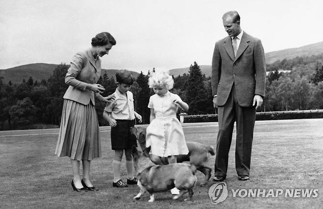 여왕 가족이 1955년 발모랄 영지에서 코기와 어울리는 모습 [AP 연합뉴스 자료사진. 재판매 및 DB 금지]