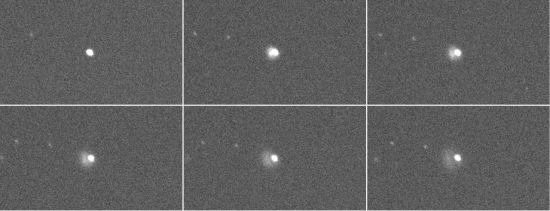 한국천문연구원이 우주물체전자광학감시네트워크 소속 천체망원경으로 DART 우주선 충돌 전후 촬영한 영상. 1번은 충돌 직전의 소행성 디모포스, 2-6번은 충돌 직후 먼지가 분출되는 모습을 볼 수 있다.