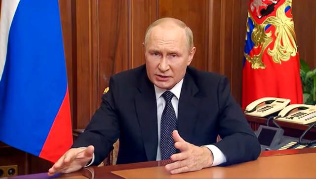 21일 블라디미르 푸틴 러시아 대통령이 모스크바에서 예비군 부분 동원령을 발표하고 있다. 모스크바=AP 연합뉴스