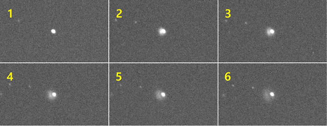 ‘디모르포스’ 소행성에 DART 우주선이 26일(미국시간) 충돌하기 직전(1번 사진)과 직후(2~6번) 모습 비교. 충돌 뒤 디모르포스에서 먼지가 분출되는 모습을 선명하게 볼 수 있다. 이 사진은 한국천문연구원이 운영하는 우주물체 전자광학 감시네트워크(OWL-Net)가 포착해 찍은 것이다. 한국천문연구원 제공
