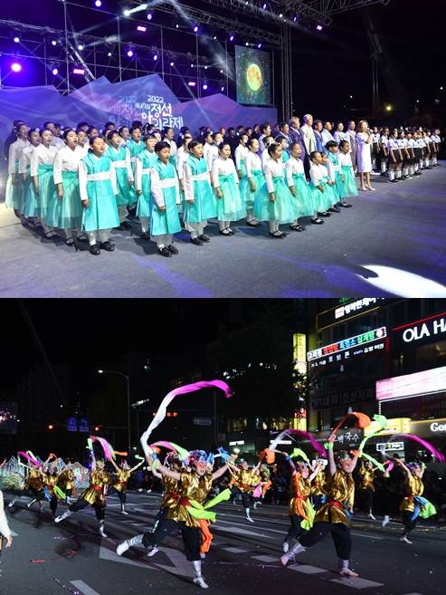 이재원 감독이 이끄는 올해 정선아리랑제의 개막식(위)과 노원탈축제의 모습.      정선아리랑제, 노원탈축제