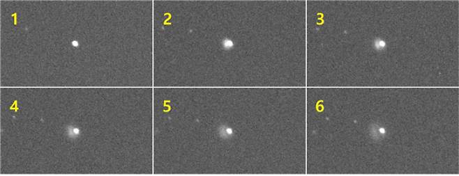 다트 탐사선 충돌 전후 촬영한 영상. 1번은 충돌 직전의 소행성 디모르포스, 2-6번은 충돌 직후 먼지가 분출되는 모습. 한국천문연구원 제공
