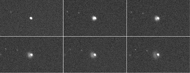 다트 탐사선 충돌 전후 촬영한 영상. 위 왼쪽에서 첫 번째 사진은 충돌 직전의 소행성 다이모르포스, 나머지 사진에서는 충돌 직후 먼지가 분출되는 모습을 볼 수 있다. 2022.9.27 [한국천문연구원 제공. 재판매 및 DB 금지]