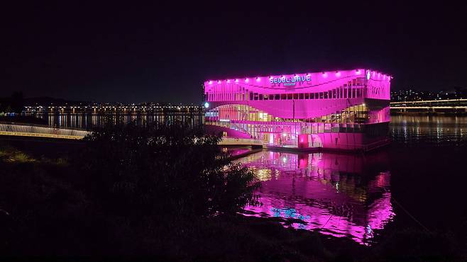 발렌티노 ‘핑크’로 물든 서울웨이브아트센터 - 글로벌 기업들이 잇따라 서울 한강에서 각종 행사를 열고 있다. 외국에선 한강을 두고 “세계 어떤 도시에서도 볼 수 없는 풍경이자, 서울의 가장 값진 자산”이라고 평가한다. 이탈리아 패션 업체 발렌티노는 지난 21일 한강시민공원 서울웨이브아트센터에서 자사 신제품 홍보 행사를 열었다. /발렌티노