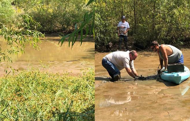 살해당한 에드워드 굿윈의 시신이 버려진 작은 연못(왼쪽)과 연못의 물을 빼내 유해를 수습하고 있는 가족들 모습. /사진=코니 굿윈