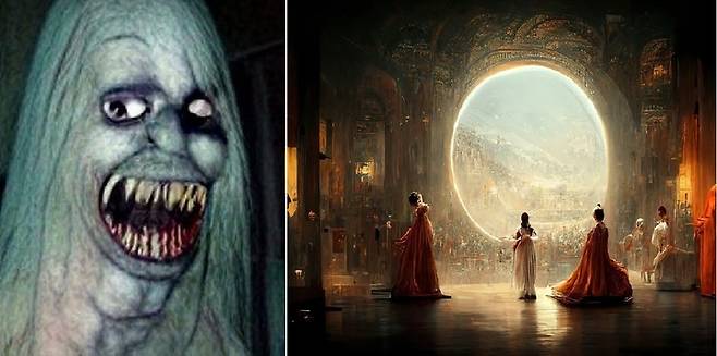 [서울=뉴시스] AI 개발 회사 크레이용이 공유한 '세상에서 가장 무섭게 생긴 사람'(왼쪽)과 제이슨 앨런이 '미드저니'를 이용해 그린 그림인 '스페이스 오페라 극장'(오른쪽) (사진출처: 유튜브 캡처) 2022.09.29. *재판매 및 DB 금지