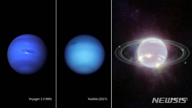 [미국=AP/뉴시스] 21일(현지시간) 미 항공우주국(NASA)가 공개한 해왕성. 왼쪽부터 1989년 보이저 2호, 2021년 허블 우주망원경, 2022년 제임스 웹 우주망원경이 촬영한 해왕성. 2022.09.29.