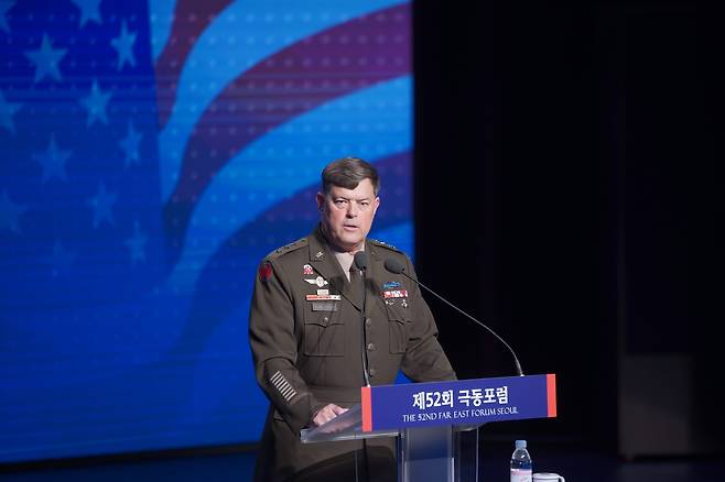 윌러드 벌러슨 미8군사령관이 30일 서울 마포구 극동아트홀에서 열린 제52차 극동포럼에서 발언하고 있다.(극동방송 제공)