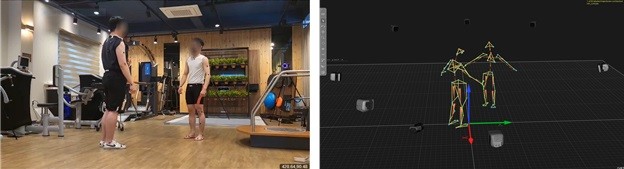 연기자를 통한 동작 현장 모습(왼쪽)과 3D모션캡쳐 데이터 구축 화면. 사진=㈜디타스