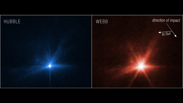 미 항공우주국(NASA)이 발사한 우주선이 소행성 디모르포스에 충돌하는 순간 섬광을 포착한 사진. 왼쪽은 허블, 오른쪽은 제임스웹 망원경으로 촬영됐다. NASA 제공