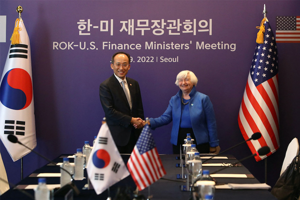 US Treasury Secretary Janet Yellen is seen with S. Korean Deputy PM and Minister of Economy and Finance Choo Kyung-ho meet in Seoul, on July 19, 2022. [Photo by The Ministry of Economy and Finance]