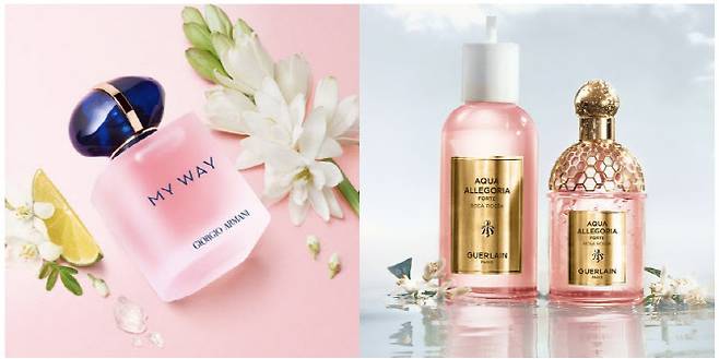 아르마니 뷰티 ‘마이웨이 플로럴’(왼쪽)과 겔랑 ‘아쿠아 알레고리아 로사 로싸 포르테’. (사진=공식 홈페이지)