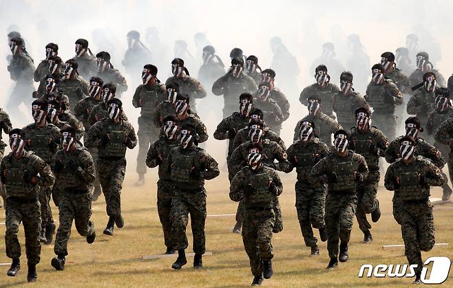 지난 1일 오전 충남 계룡대 연병장에서 열린 제74주년 국군의 날 기념식 중 특수전요원들이 합동 특공무술 시범을 선보이고 있다. 2022.10.1/뉴스1 ⓒ News1 김기태 기자