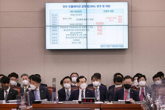 이창양 산업통상자원부 장관이 4일 오전 서울 여의도 국회에서 열린 산업통상자원중소벤처기업위원회 국정감사에서 이장섭 더불어민주당 의원의 IRA(인플레이션 감축법)관련 질의에 대한 답을 하고 있다. 2022.10.4 사진공동취재단